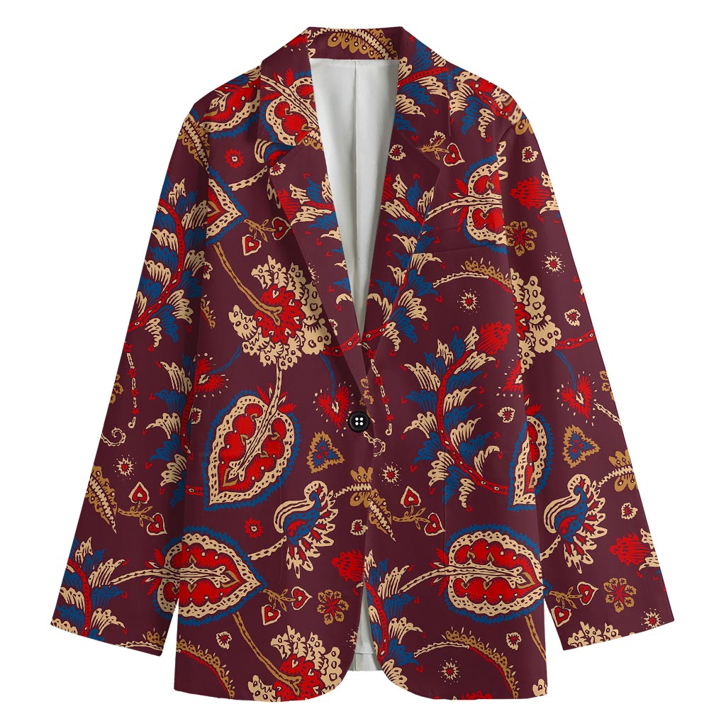 Maroon Vintage Bohemian Floral Print Women's Cotton Blazer