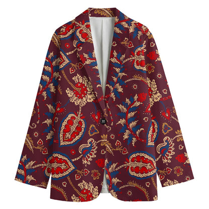 Maroon Vintage Bohemian Floral Print Women's Cotton Blazer