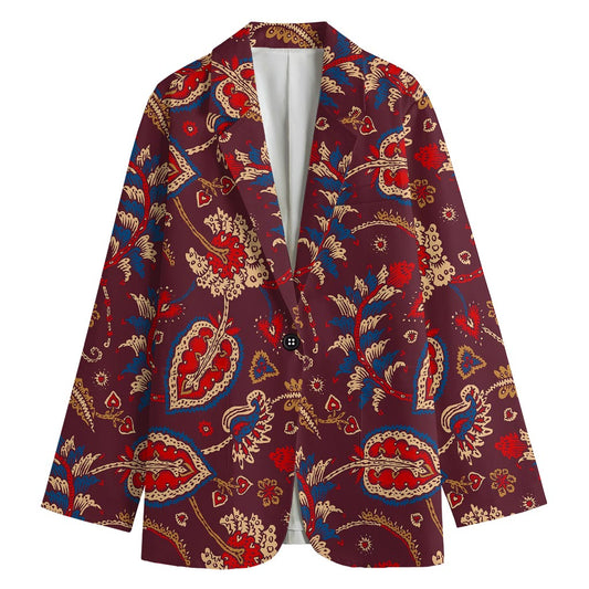 Maroon Vintage Bohemian Floral Print Women's Cotton Blazer