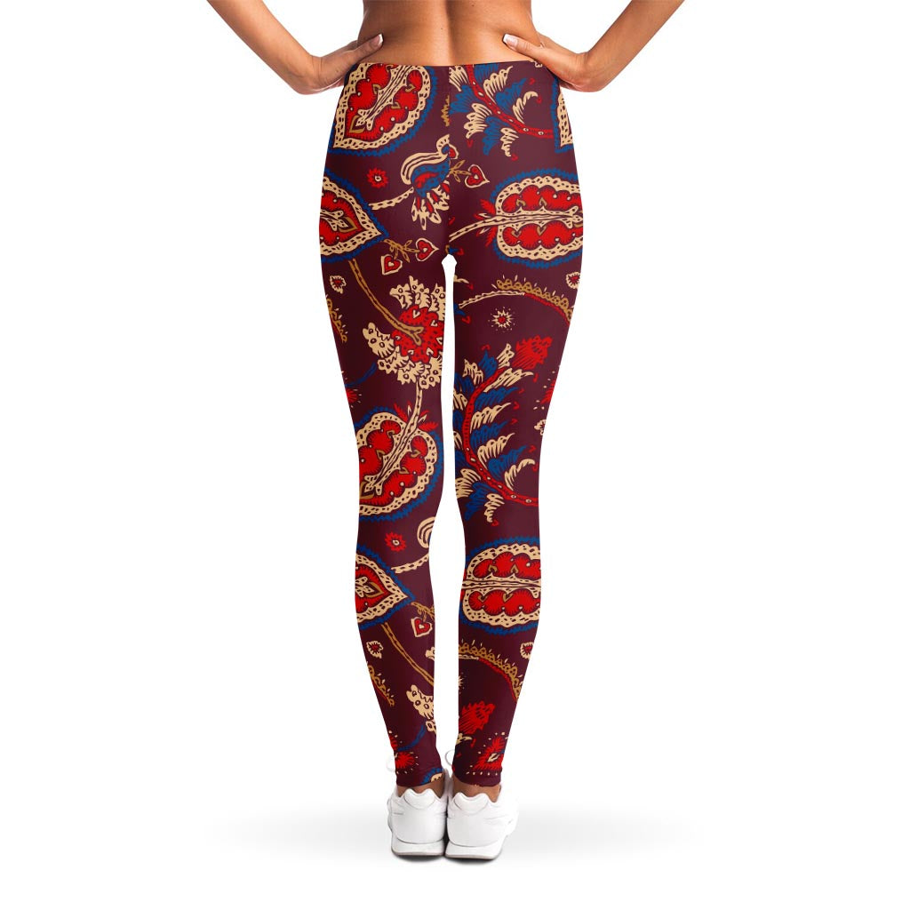Maroon Vintage Bohemian Floral Print Women's Leggings