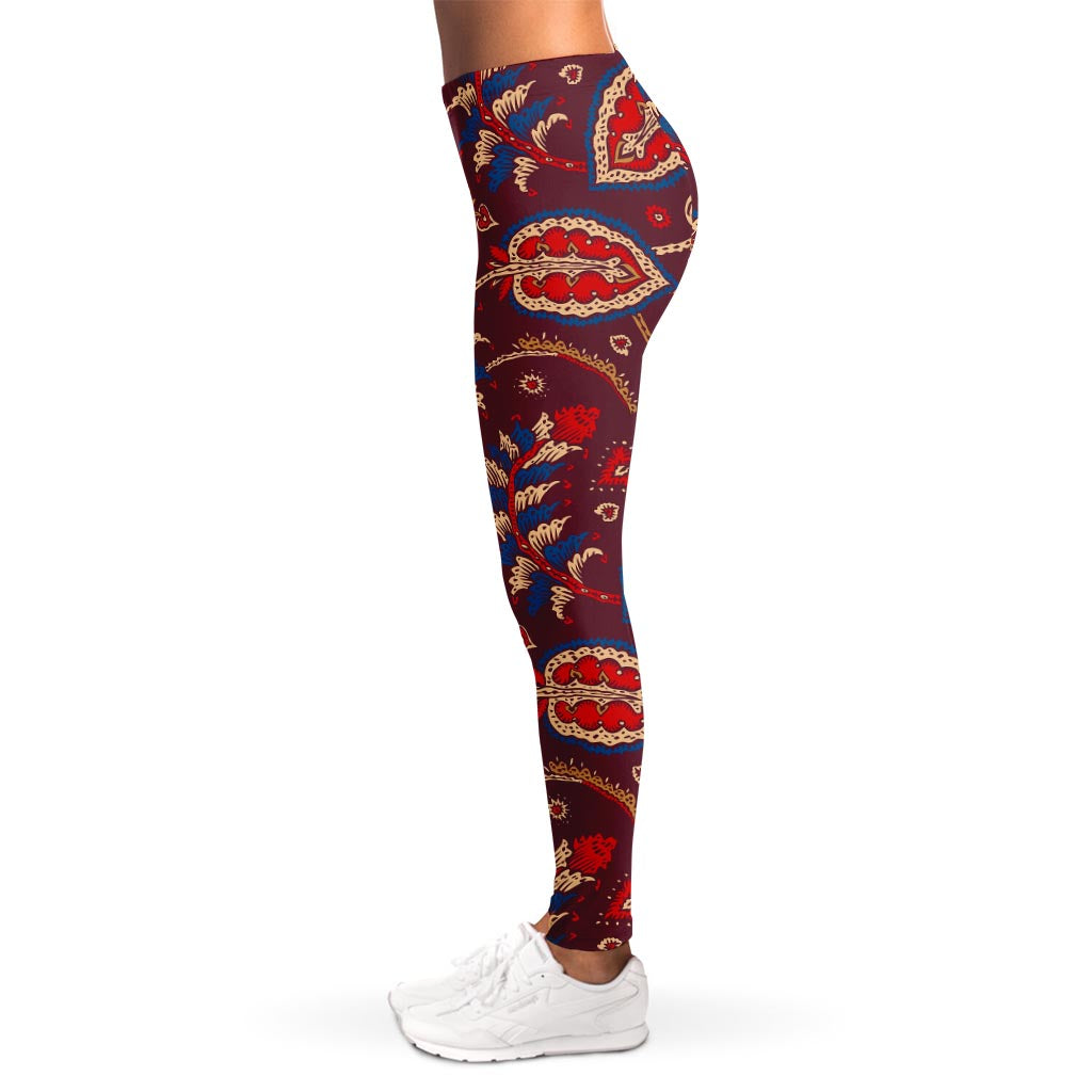 Maroon Vintage Bohemian Floral Print Women's Leggings