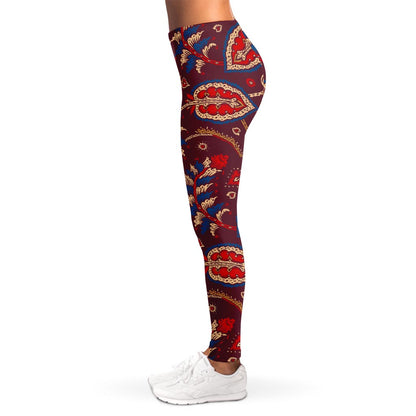 Maroon Vintage Bohemian Floral Print Women's Leggings