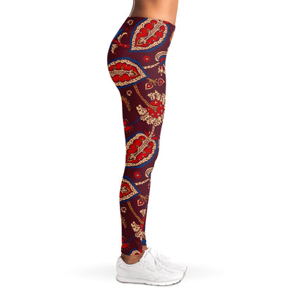 Maroon Vintage Bohemian Floral Print Women's Leggings