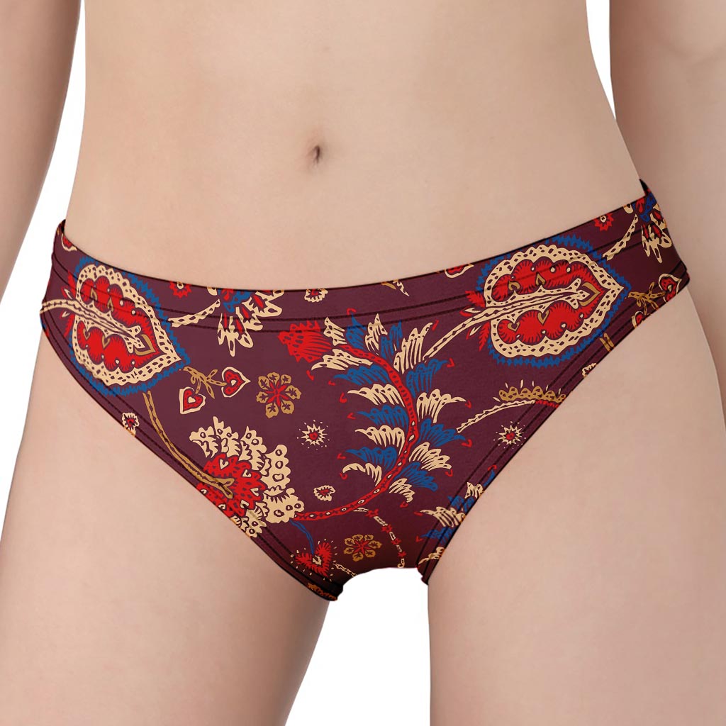 Maroon Vintage Bohemian Floral Print Women's Panties