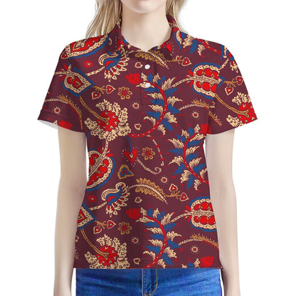 Maroon Vintage Bohemian Floral Print Women's Polo Shirt