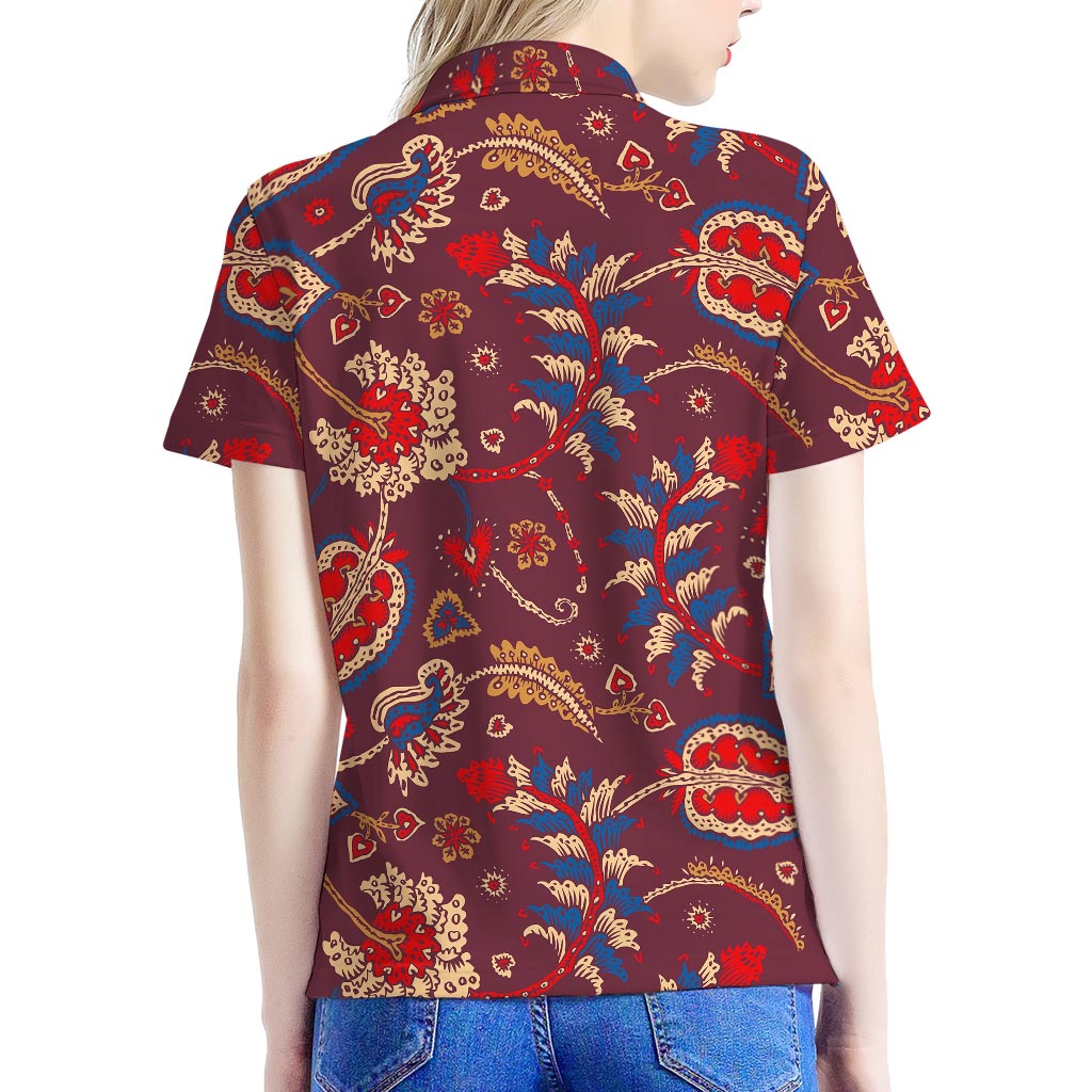 Maroon Vintage Bohemian Floral Print Women's Polo Shirt