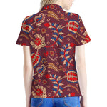 Maroon Vintage Bohemian Floral Print Women's Polo Shirt