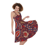 Maroon Vintage Bohemian Floral Print Women's Sleeveless Dress