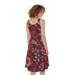 Maroon Vintage Bohemian Floral Print Women's Sleeveless Dress