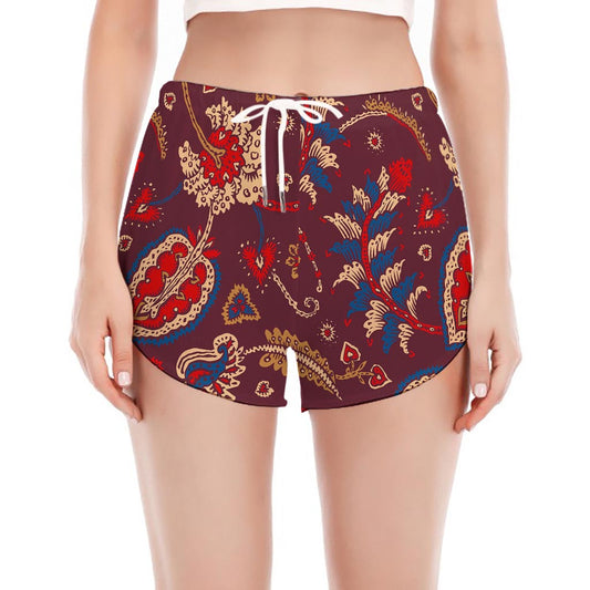 Maroon Vintage Bohemian Floral Print Women's Split Running Shorts