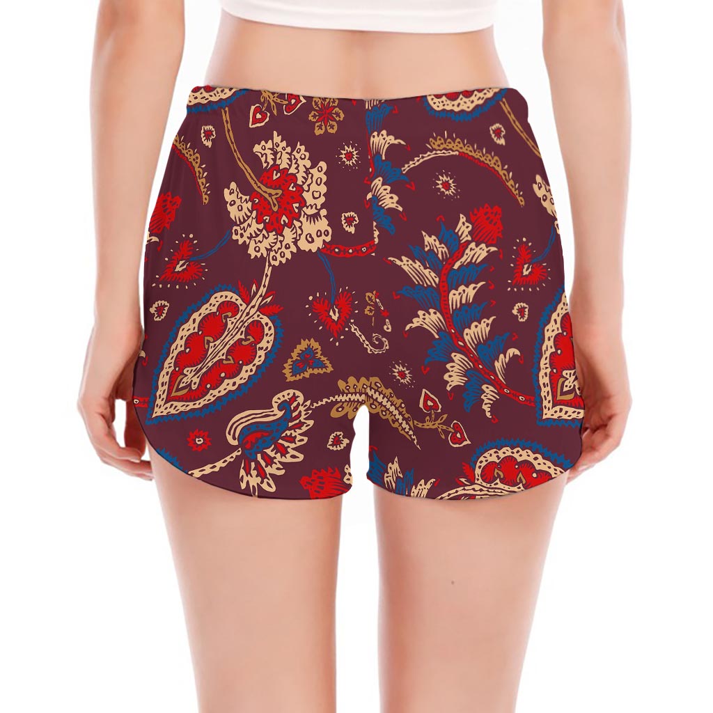 Maroon Vintage Bohemian Floral Print Women's Split Running Shorts