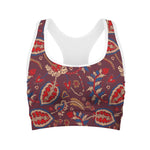 Maroon Vintage Bohemian Floral Print Women's Sports Bra