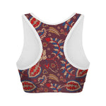 Maroon Vintage Bohemian Floral Print Women's Sports Bra