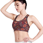 Maroon Vintage Bohemian Floral Print Women's Sports Bra