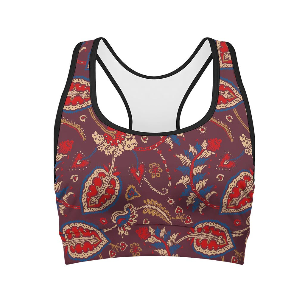 Maroon Vintage Bohemian Floral Print Women's Sports Bra
