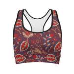 Maroon Vintage Bohemian Floral Print Women's Sports Bra