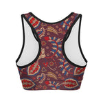 Maroon Vintage Bohemian Floral Print Women's Sports Bra