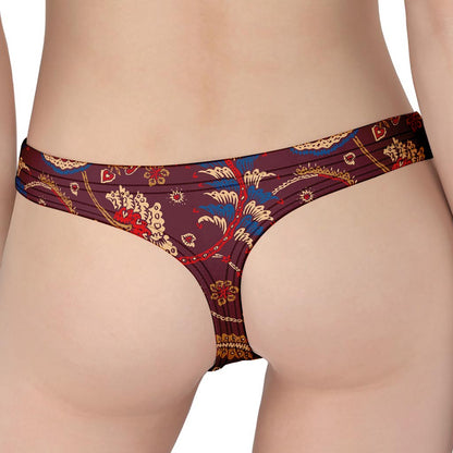 Maroon Vintage Bohemian Floral Print Women's Thong