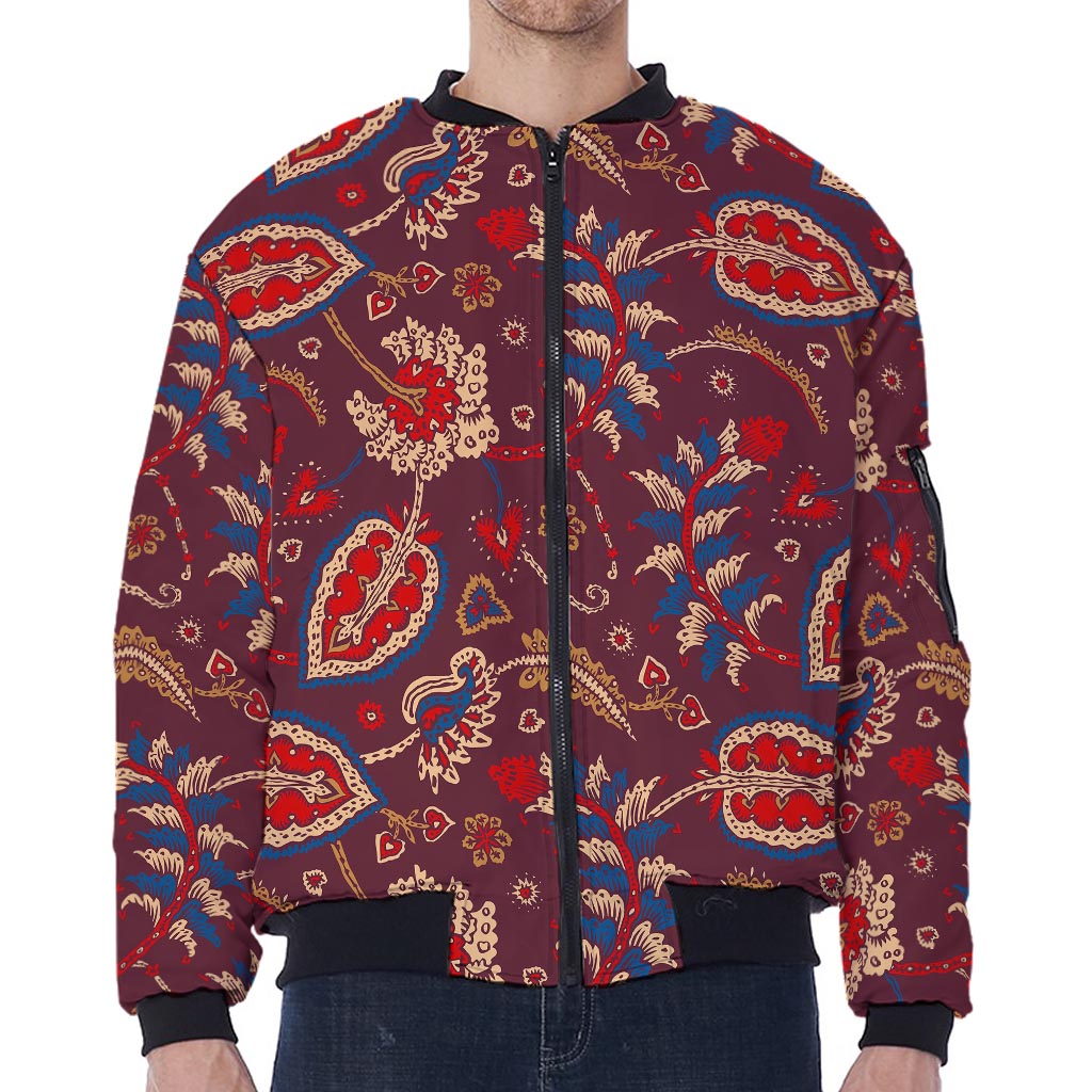 Maroon Vintage Bohemian Floral Print Zip Sleeve Bomber Jacket