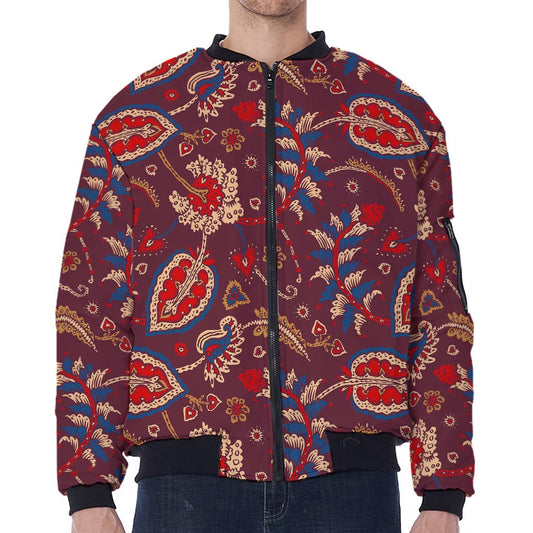 Maroon Vintage Bohemian Floral Print Zip Sleeve Bomber Jacket