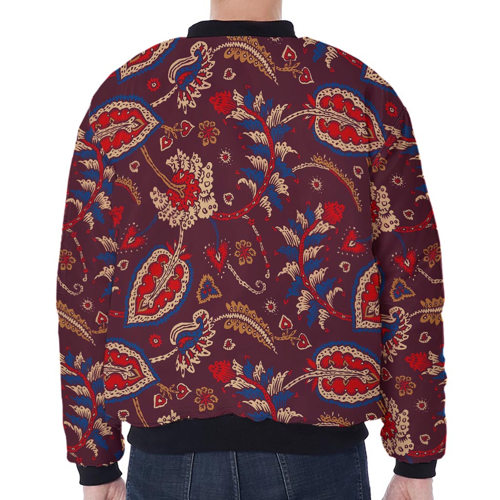 Maroon Vintage Bohemian Floral Print Zip Sleeve Bomber Jacket