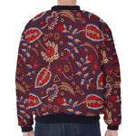 Maroon Vintage Bohemian Floral Print Zip Sleeve Bomber Jacket