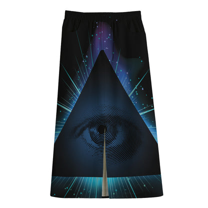 Masonic Eye All Seeing Print Cotton Front Slit Maxi Skirt