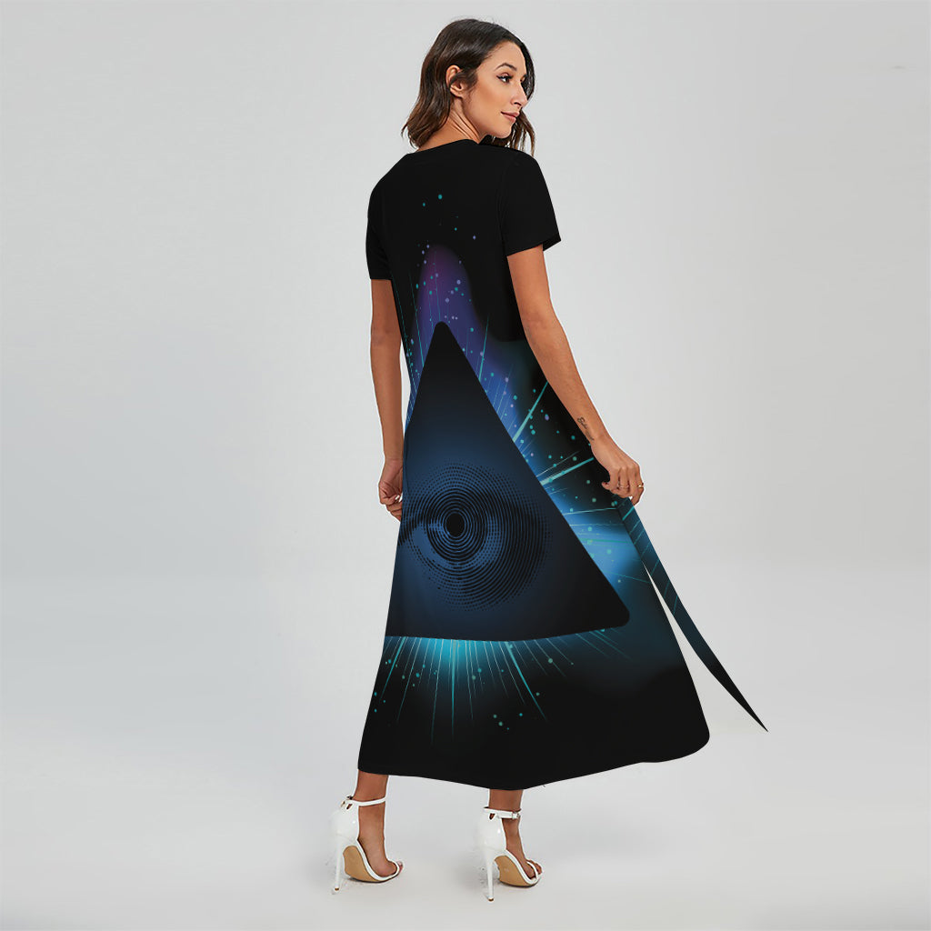 Masonic Eye All Seeing Print Short Sleeve Maxi Dress