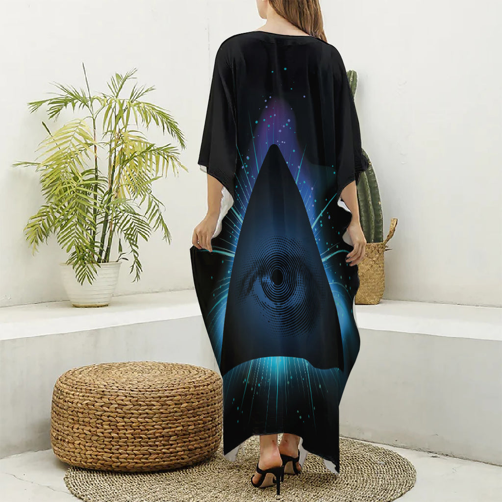 Masonic Eye All Seeing Print Silk V-Neck Kaftan Dress