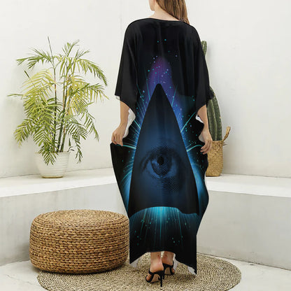 Masonic Eye All Seeing Print Silk V-Neck Kaftan Dress