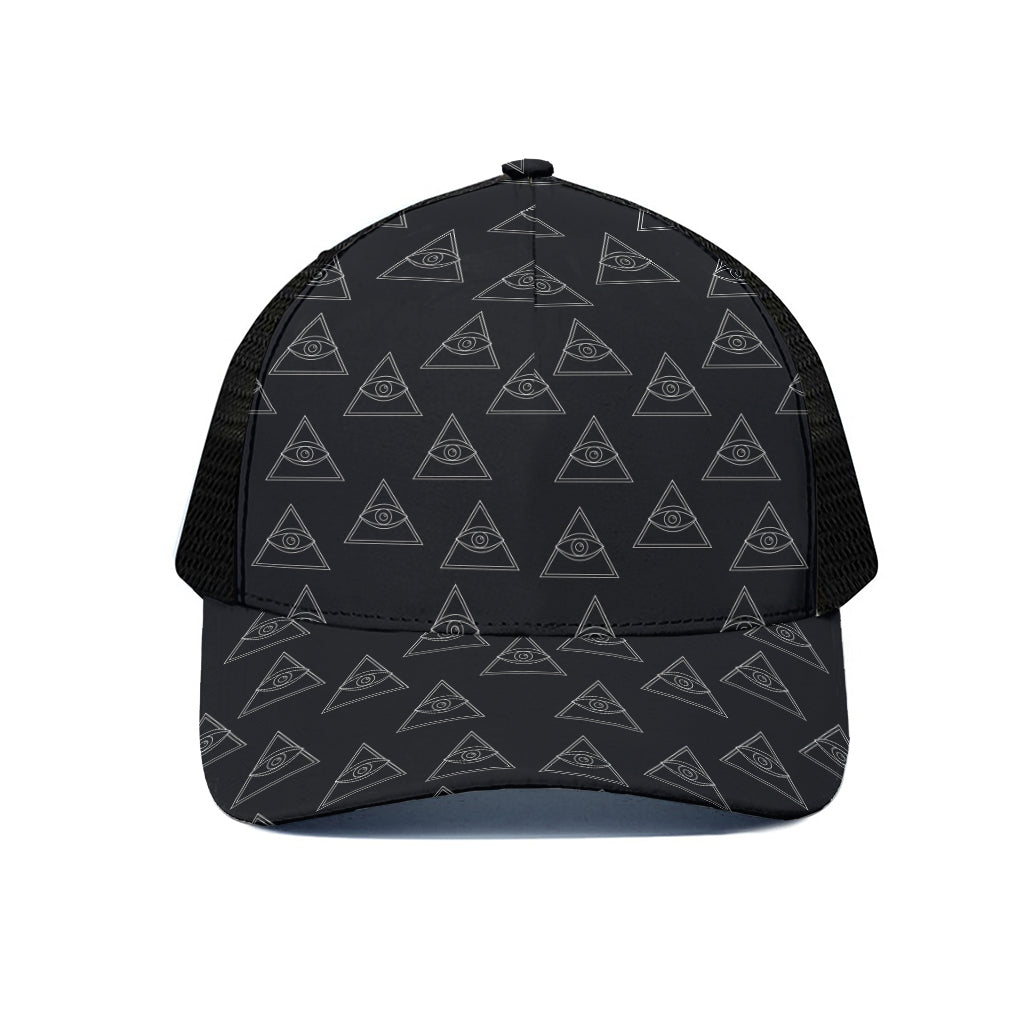 Masonic Eye Pattern Print Black Mesh Trucker Cap
