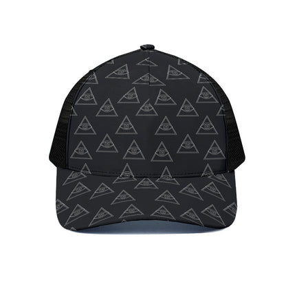 Masonic Eye Pattern Print Black Mesh Trucker Cap