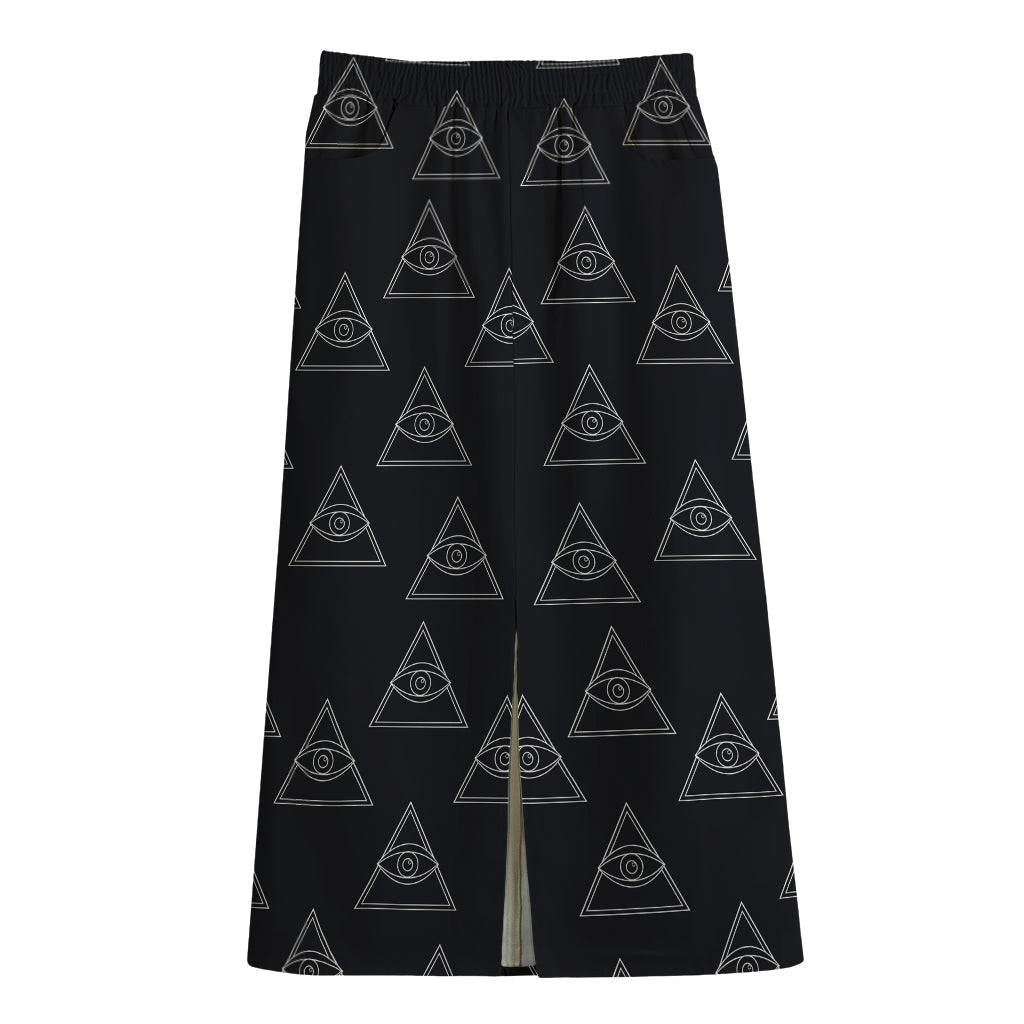 Masonic Eye Pattern Print Cotton Front Slit Maxi Skirt