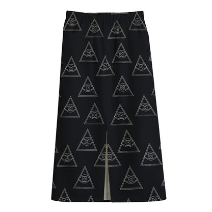 Masonic Eye Pattern Print Cotton Front Slit Maxi Skirt