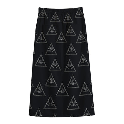 Masonic Eye Pattern Print Cotton Front Slit Maxi Skirt