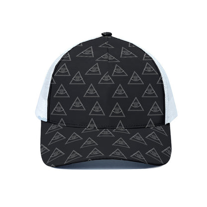Masonic Eye Pattern Print White Mesh Trucker Cap