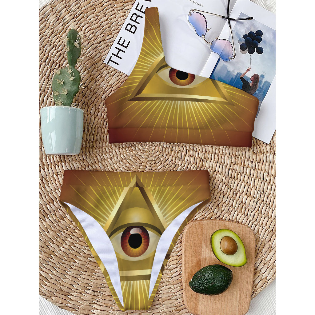 Masonic Eye Sight Print One Shoulder Bikini Top