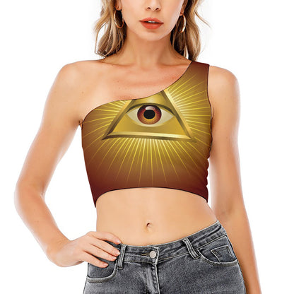 Masonic Eye Sight Print One Shoulder Crop Top