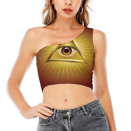 Masonic Eye Sight Print One Shoulder Crop Top