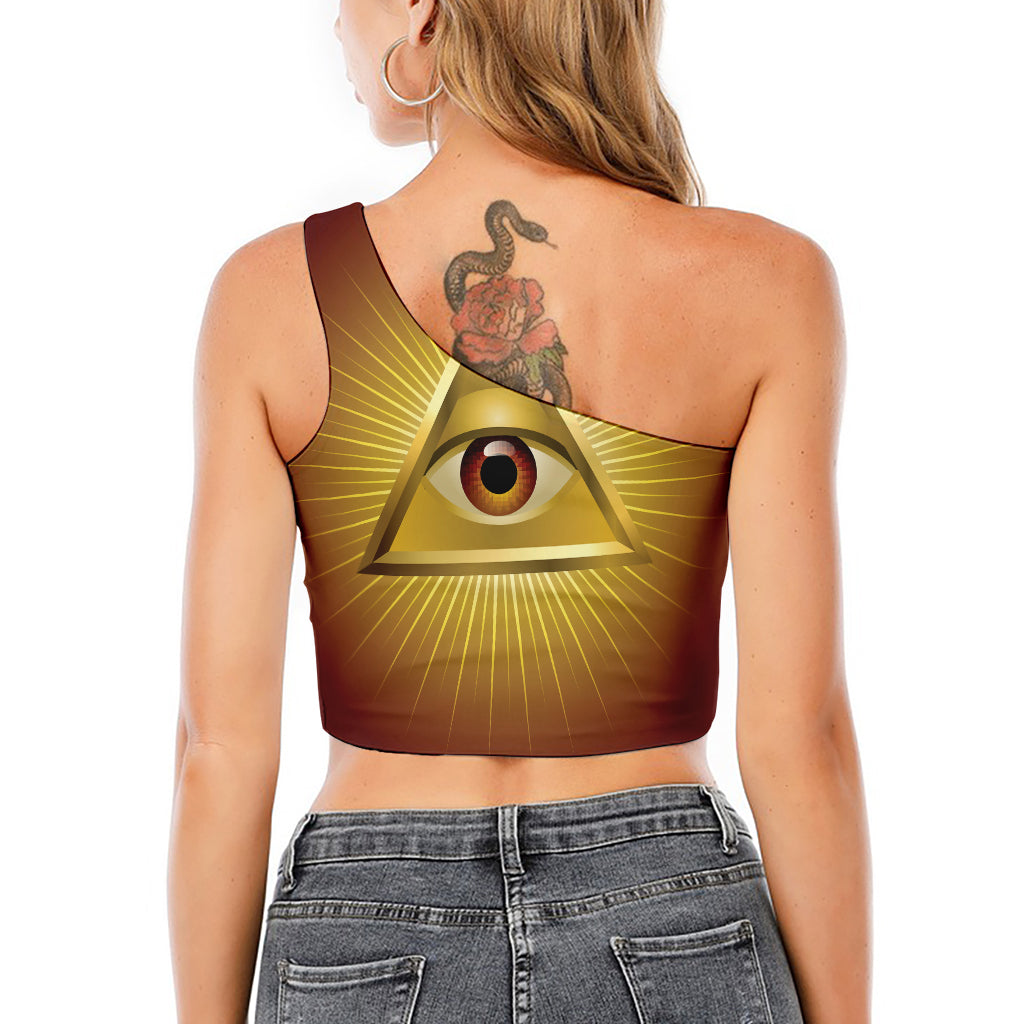 Masonic Eye Sight Print One Shoulder Crop Top