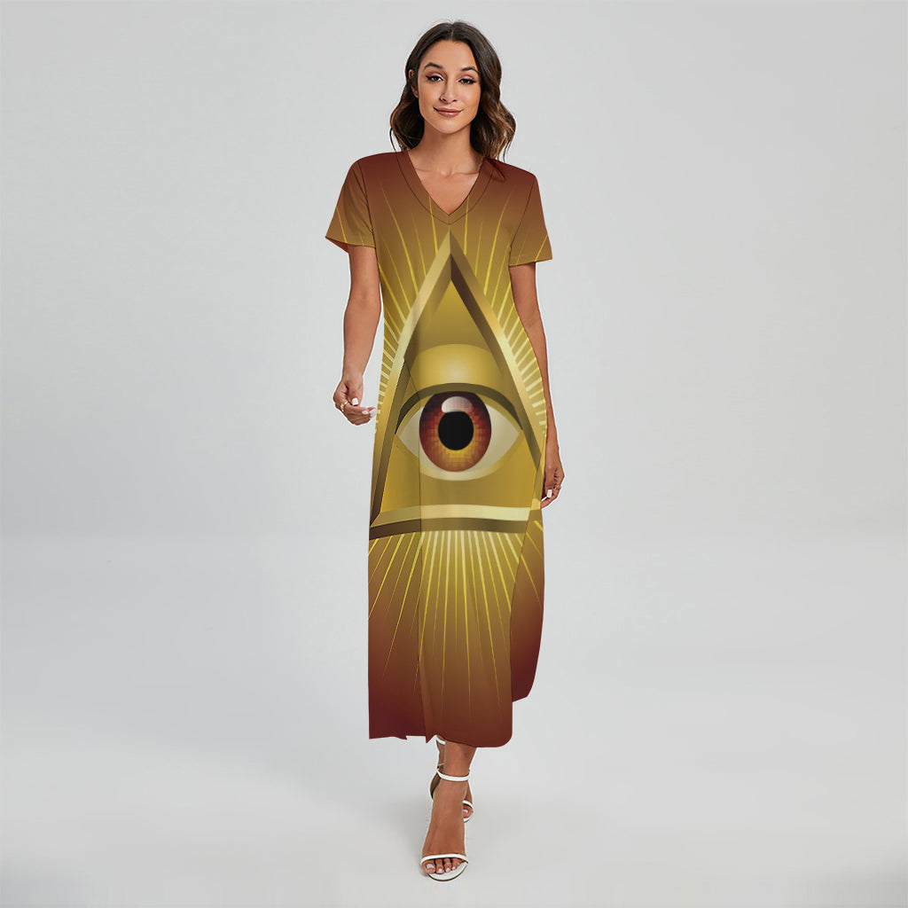 Masonic Eye Sight Print Short Sleeve Maxi Dress