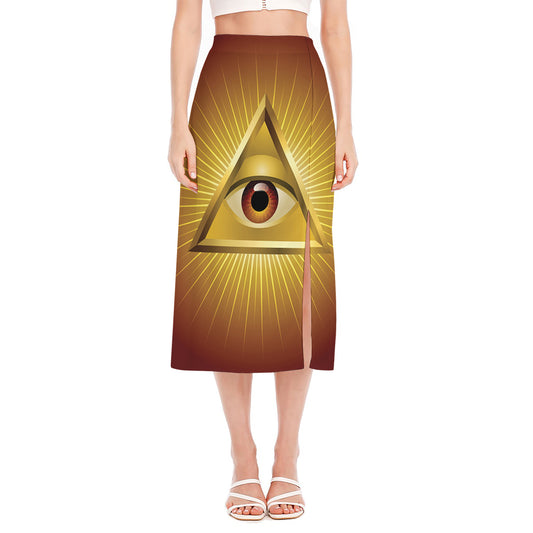 Masonic Eye Sight Print Side Slit Midi Skirt