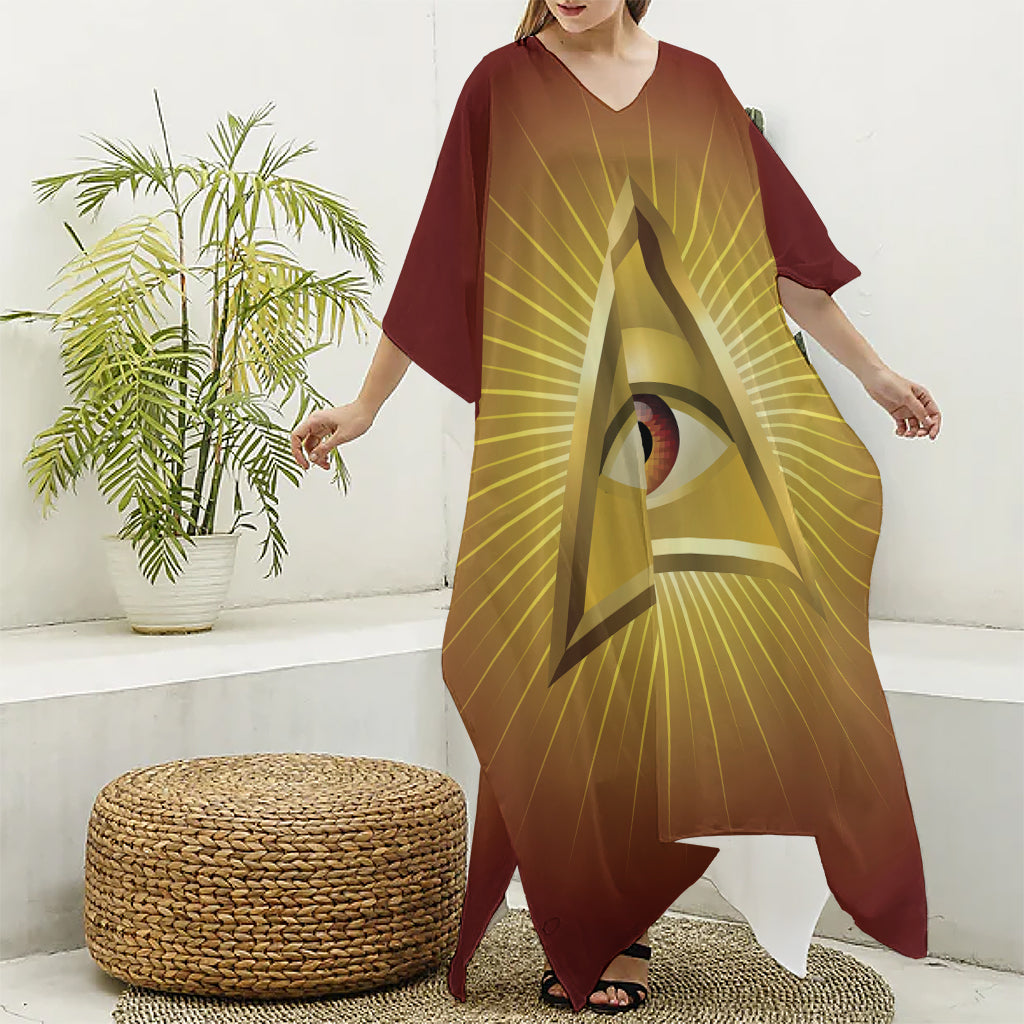 Masonic Eye Sight Print Silk V-Neck Kaftan Dress
