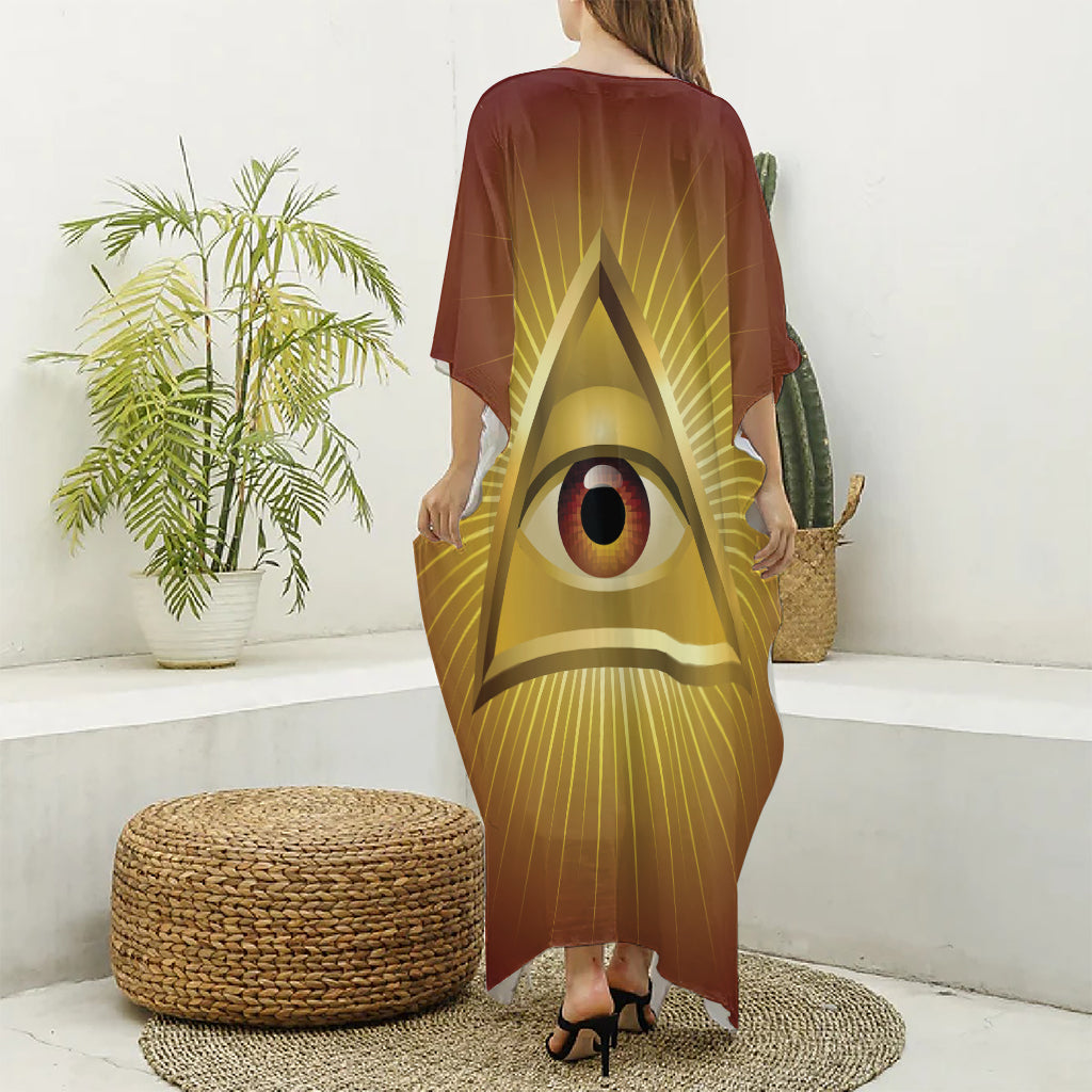 Masonic Eye Sight Print Silk V-Neck Kaftan Dress