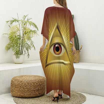 Masonic Eye Sight Print Silk V-Neck Kaftan Dress
