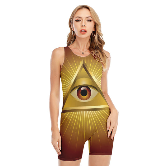 Masonic Eye Sight Print Sleeveless One Piece Swimsuit