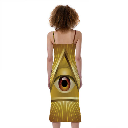 Masonic Eye Sight Print Slim Fit Midi Cami Dress