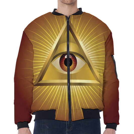 Masonic Eye Sight Print Zip Sleeve Bomber Jacket