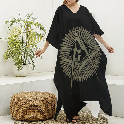 Masonic Freemasonry Print Silk V-Neck Kaftan Dress
