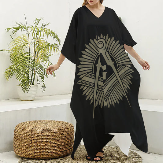 Masonic Freemasonry Print Silk V-Neck Kaftan Dress